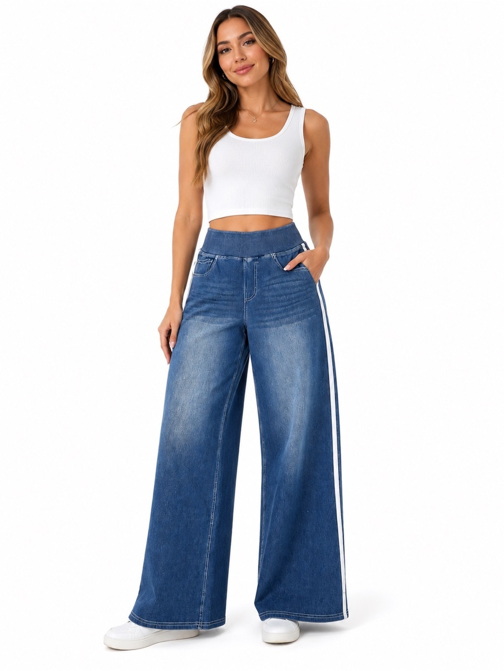 HALARA Blue Wide-Leg High-Rise Jeans with White Side Stripe